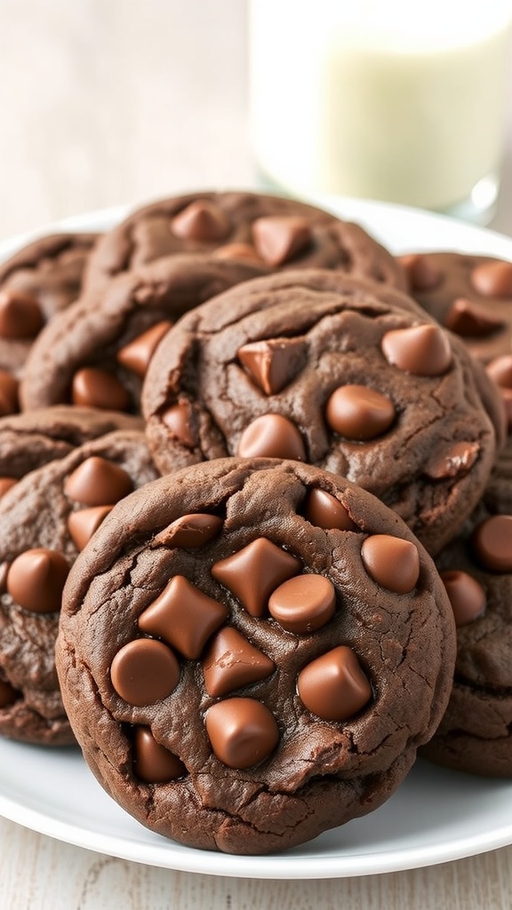 A plate of double chocolate chip cookies with melted chocolate chips, beside a glass of milk.